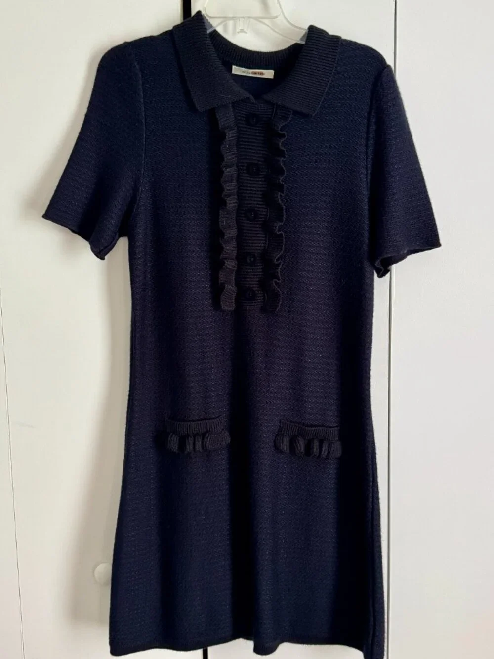 Aldo Martins Blue/Black Ruffle Bib Short Sleeves Sweater Dress